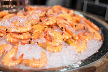 Close-up of boiled shrimps on ice in restaurant.