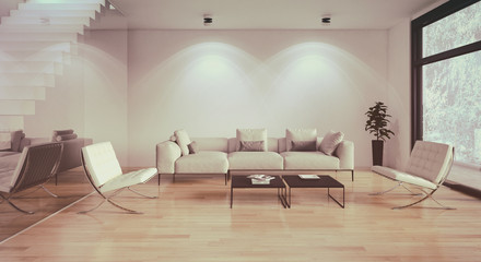 Modern bright interiors room 3D rendering illustration