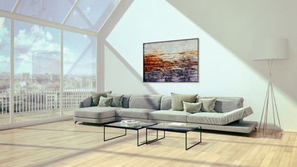 Modern bright interiors room 3D rendering illustration