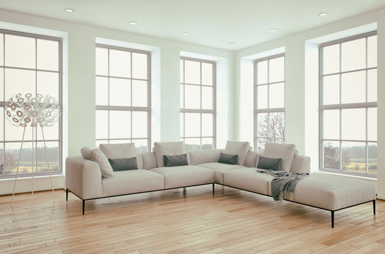 Modern bright interiors room 3D rendering illustration
