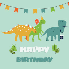Birthday greeting card with cartoon dinosaurs and party elements.