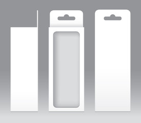 Hanging Box White window shape cut out Packaging Template blank. Empty Box white Template for design product package gift box, White Box packaging paper kraft card board package