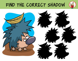Funny little hedgehog. Find the correct shadow. Educational matching game for children. Cartoon vector illustration