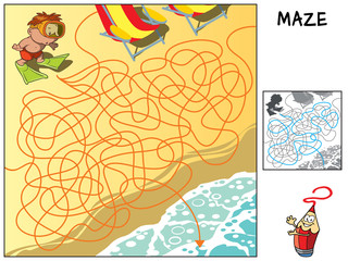 A little boy in flippers and mask trying to reach the sea. Educational maze game for children. Cartoon vector illustration