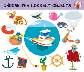 Choose the correct objects for boat ride. Educational matching game for children. Cartoon vector illustration
