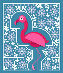 Tropical bird in paper cut style. Pink flamingo with flowers vector illustration
