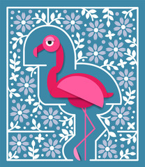 Naklejka premium Tropical bird in paper cut style. Pink flamingo with flowers vector illustration