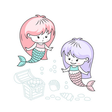 Little mermaids with treasures vector illustration