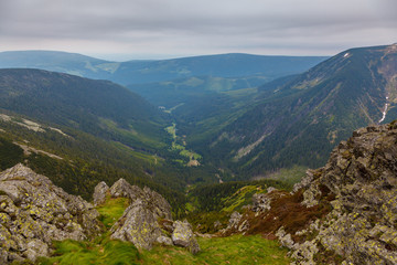 View in to a valley from Snezka Mountainin Krkonose National Park, Czech Republic, Europe