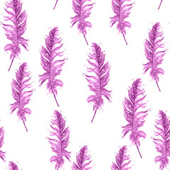 Seamless watercolor background with beautiful feathers drawings. Vintage illustration, pink color, monochrome. For textiles, material, wallpapers and other design. 
