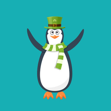 Funny penguin, Antarctic bird, in hat, scarf. Holiday Saint Patrick.