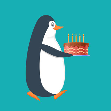 Funny penguin, Antarctic bird, with large gift cake and smile.