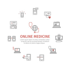 Online diagnosis and treatment. Virtual medical consultation infographic. Vector line icons. infographic set.
