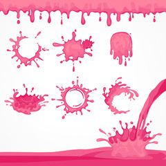 Pink glaze blots and splash, dripping flows or cream liquid.