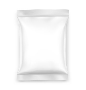 Mockup of food chips pillow bag isolated on white background. Vector illustration ready and simple to use for your design, promo, ad. EPS10.