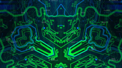Technology Background. Modern abstract illustration. 3d. Futuristic green chipset pattern. Blue hardware digital information. Computer graphic website internet and business.