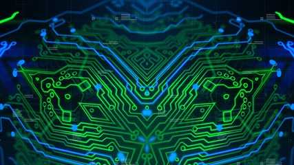 Technology Background. Modern abstract illustration. 3d. Futuristic green chipset pattern. Blue hardware digital information. Computer graphic website internet and business.