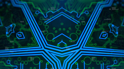 Technology Background. Modern abstract illustration. 3d. Futuristic green chipset pattern. Blue hardware digital information. Computer graphic website internet and business.