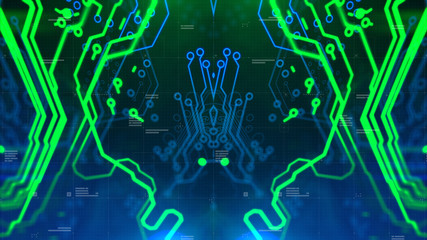 Mirror Symmetry. Green, blue neon background with digital integrated network technology. Printed circuit board. 3D illustration. 