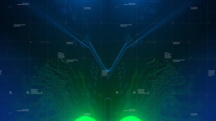 Mirror Symmetry. Green, blue neon background with digital integrated network technology. Printed circuit board. 3D illustration. 