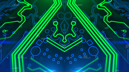 Mirrored pattern. Blue, green, cyan background with digital integrated network technology. Printed circuit board. Technology background. Neon. 3D illustration. Computer infographics website.