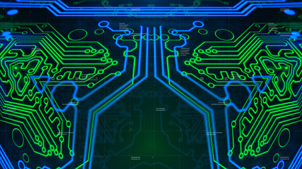 Mirrored pattern. Blue, green, cyan background with digital integrated network technology. Printed circuit board. Technology background. Neon. 3D illustration. Computer infographics website.