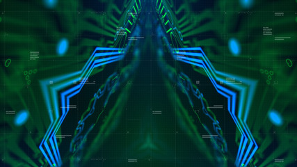 Mirrored pattern. Blue, green, cyan background with digital integrated network technology. Printed circuit board. Technology background. Neon. 3D illustration. Computer infographics website.