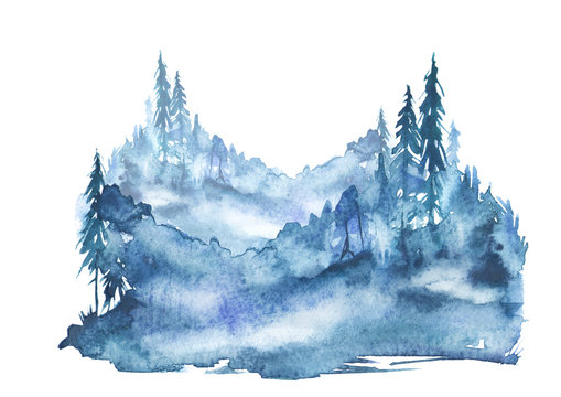 Watercolor landscape, picture. Picture of a pine forest, a blue silhouette of trees and bushes on a white isolated background. Blue splash of paint