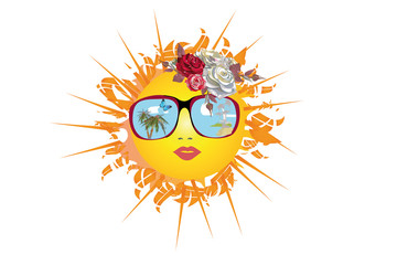 Summer Sun Face in sunglasses  with palms and flowers. Vector Illustration