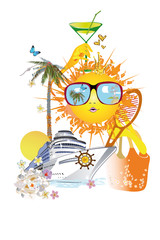 Summer Sun Face with sunglasses and a ship with palms and flowers. Vector Illustration