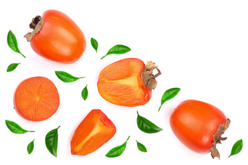 persimmon decorated with leaves isolated on white background with copy space for your text. Top view. Flat lay pattern