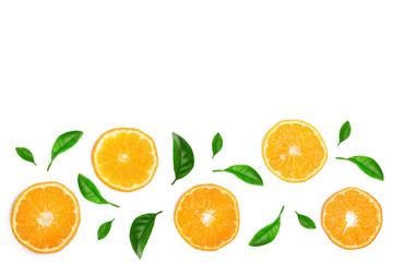 Slices of orange or tangerine with leaves isolated on white background with copy space for your text. Flat lay, top view