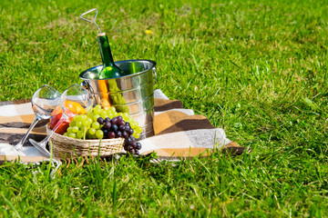 picnic on the grass with a bottle of wine and fruits