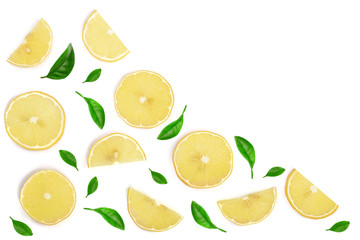 Slices lemon decorated with green leaves isolated on white background with copy space for your text. Flat lay, top view