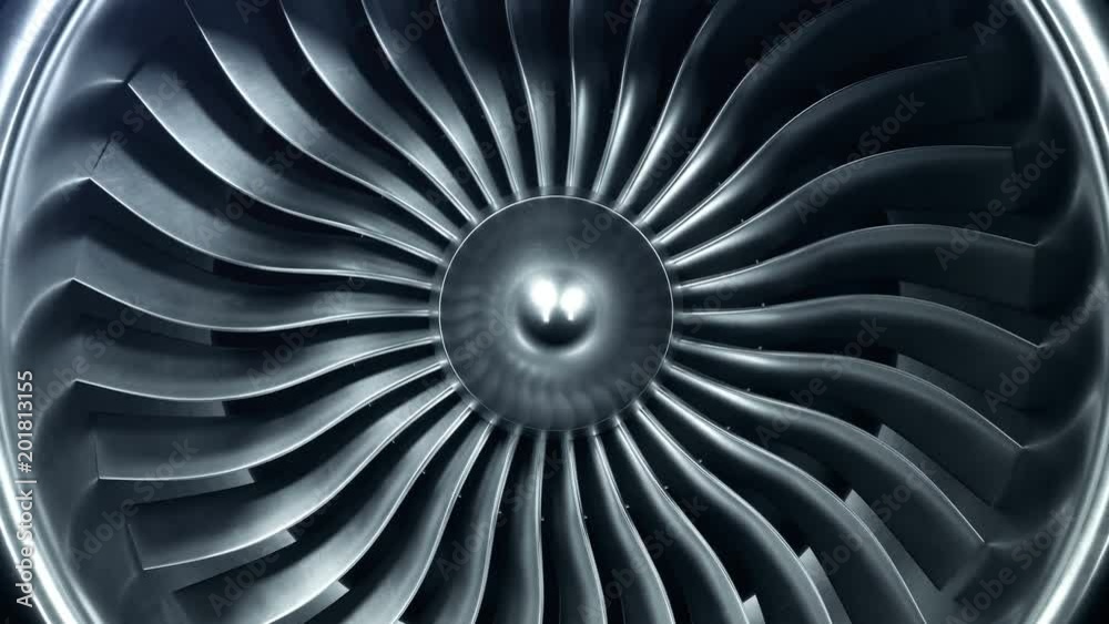 Wall mural 3d rendering jet engine, close-up view jet engine blades. 4k animation
