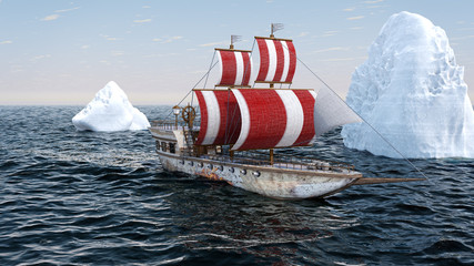 3D Illustration of an old wooden warship travelling in the Arctic ocean © Suliman Razvan