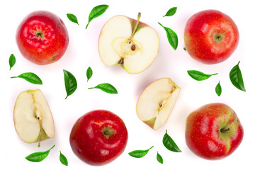 red apples with slices decorated with green leaves isolated on white background top view. Flat lay pattern