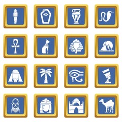 Egypt travel icons set vector blue square isolated on white background 