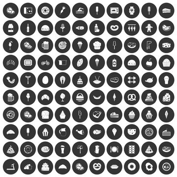 100 calories icons set in simple style white on black circle color isolated on white background vector illustration