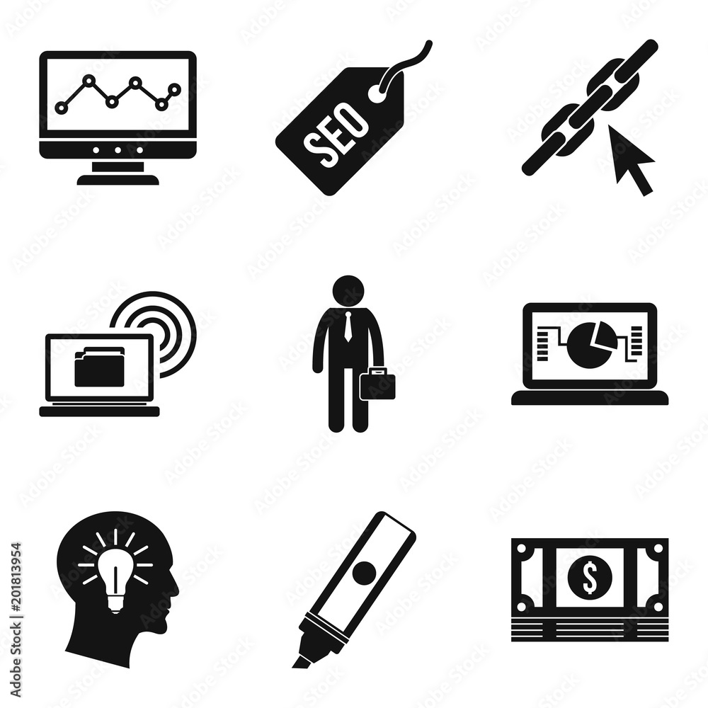 Poster geek community icons set. simple set of 9 geek community vector icons for web isolated on white back