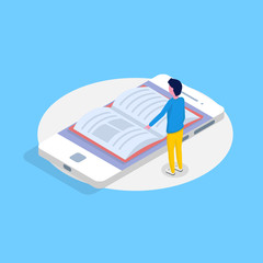 Library mobile online isometric concept. Micro people reading books. Vector illustration.