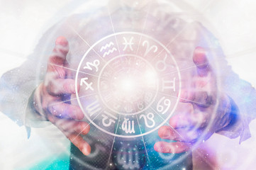 Man with horoscope circle in his hands - predictions of the futu