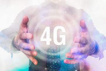 Man is showing 4G interface symbol between his hands
