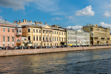 Fototapeta na wymiar View of the Embankment of the Fontanka River near Saint Michael's Castle (Mikhailovsky Castle or Engineers' Castle)