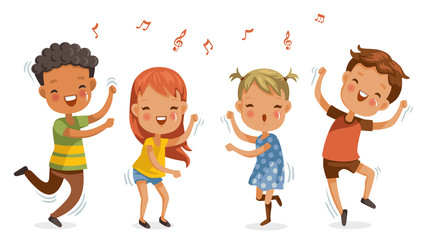 Children dancing. boys and girls dancing together happily.Jumping, shake the hips, move the body, cute cartoon Enjoy the rhythm. Have fun in childhood.Vector illustrations Isolated on white background