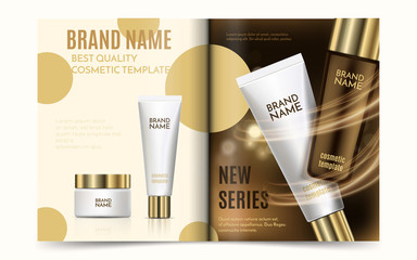 A beautiful cosmetic templates. Creative magazine with skin care products. Realistic Golden bottle, white tube and jar for moisturizing cream