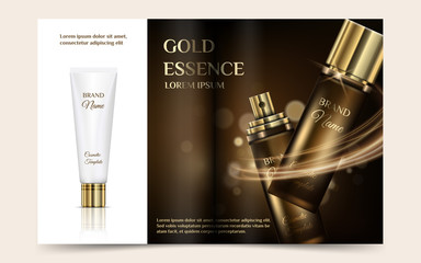 A beautiful cosmetic templates. Luxury magazine with golden bottle for spray and white tube for moisturizing cream on a gold background, vector skin care products