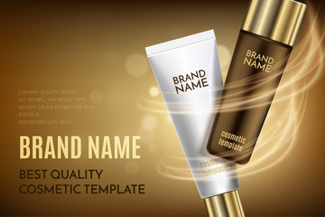 A beautiful cosmetic templates for ads, realistic translucent bottle and white tube in 3d on a gold background with lighting flare effect. Skin care products design