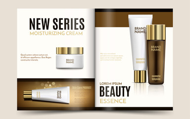 A beautiful cosmetic templates. Creative magazine with skin care products or hair oil. Golden bottle, white tube and jar for moisturizing cream