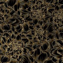 Golden seamless hand-drawing floral background with flower dahlia
